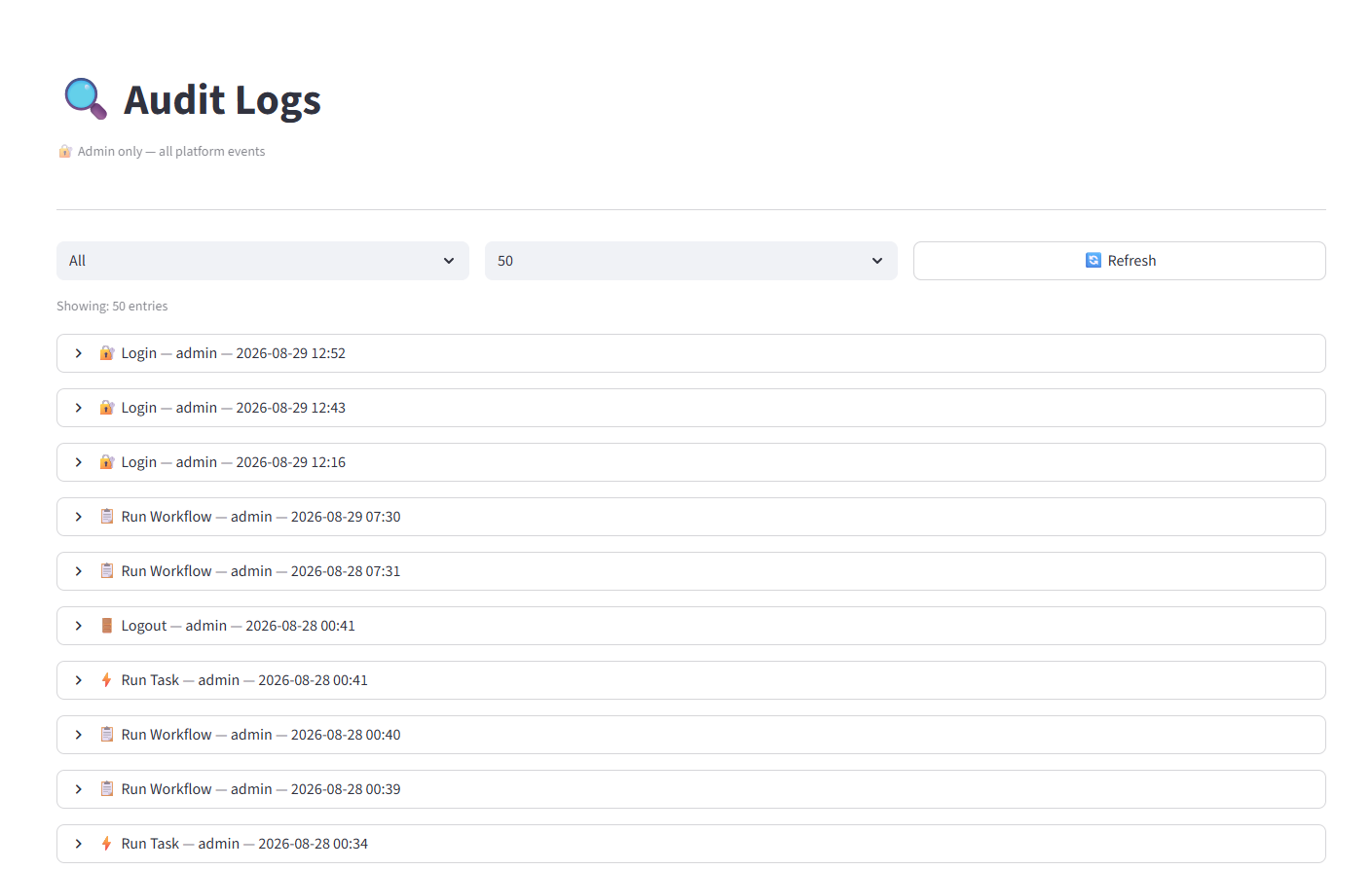 Audit Logs showing logins, workflow runs, and task executions