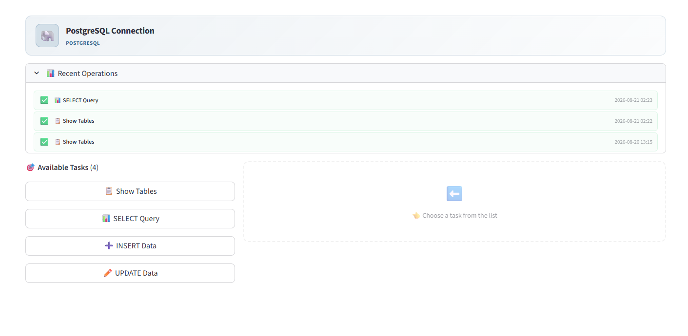 PostgreSQL connection with 4 available tasks