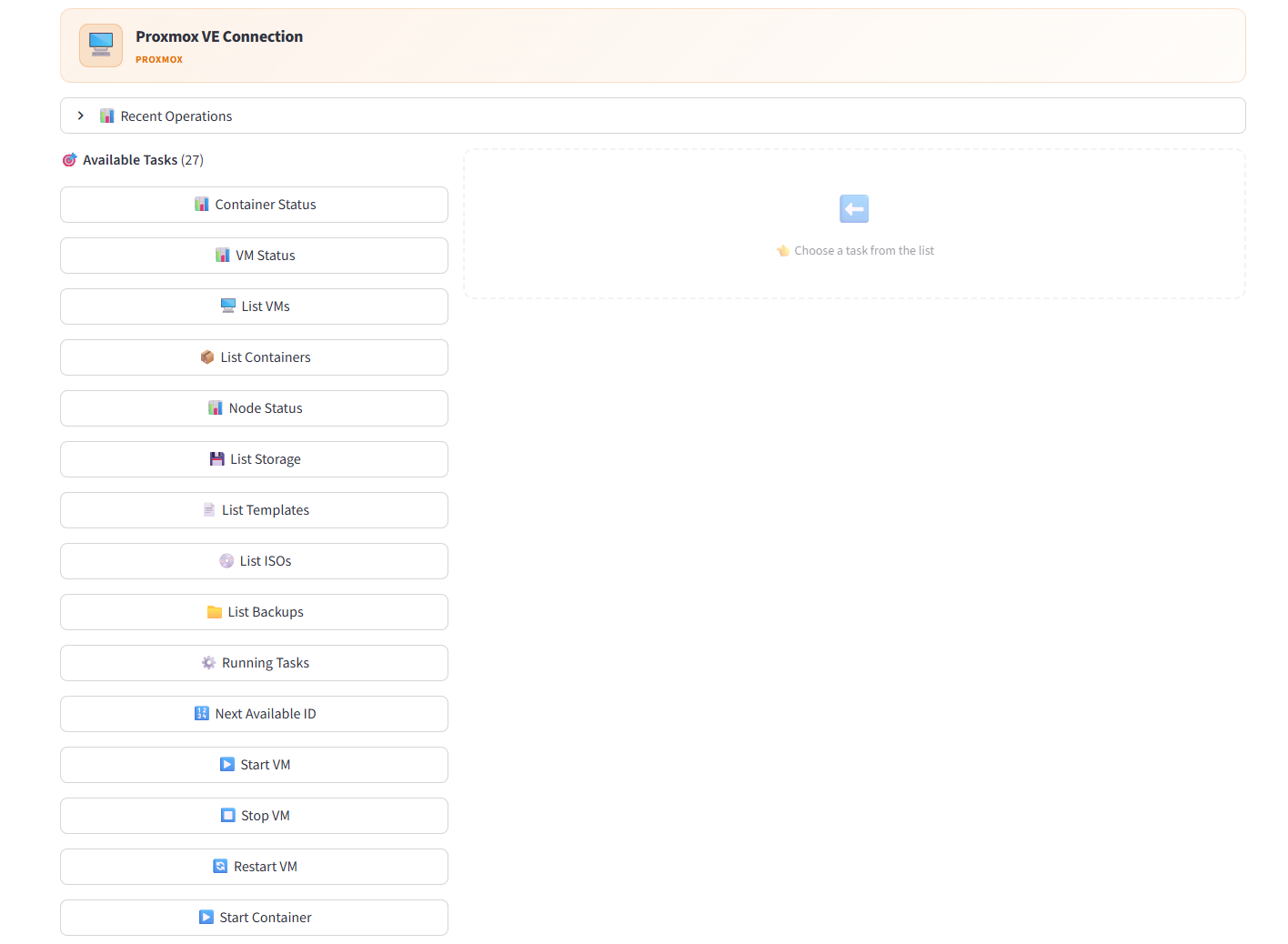 Proxmox VE connection with 27 available tasks
