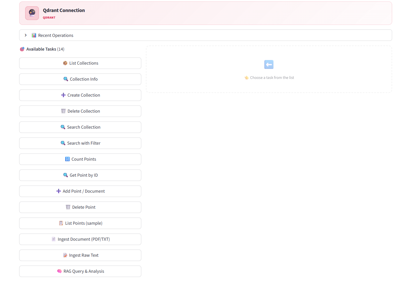 Qdrant connection with 14 available tasks