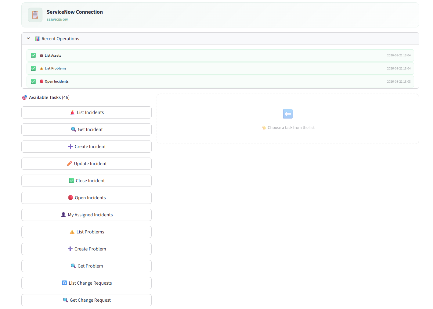 ServiceNow integration with 46 available tasks