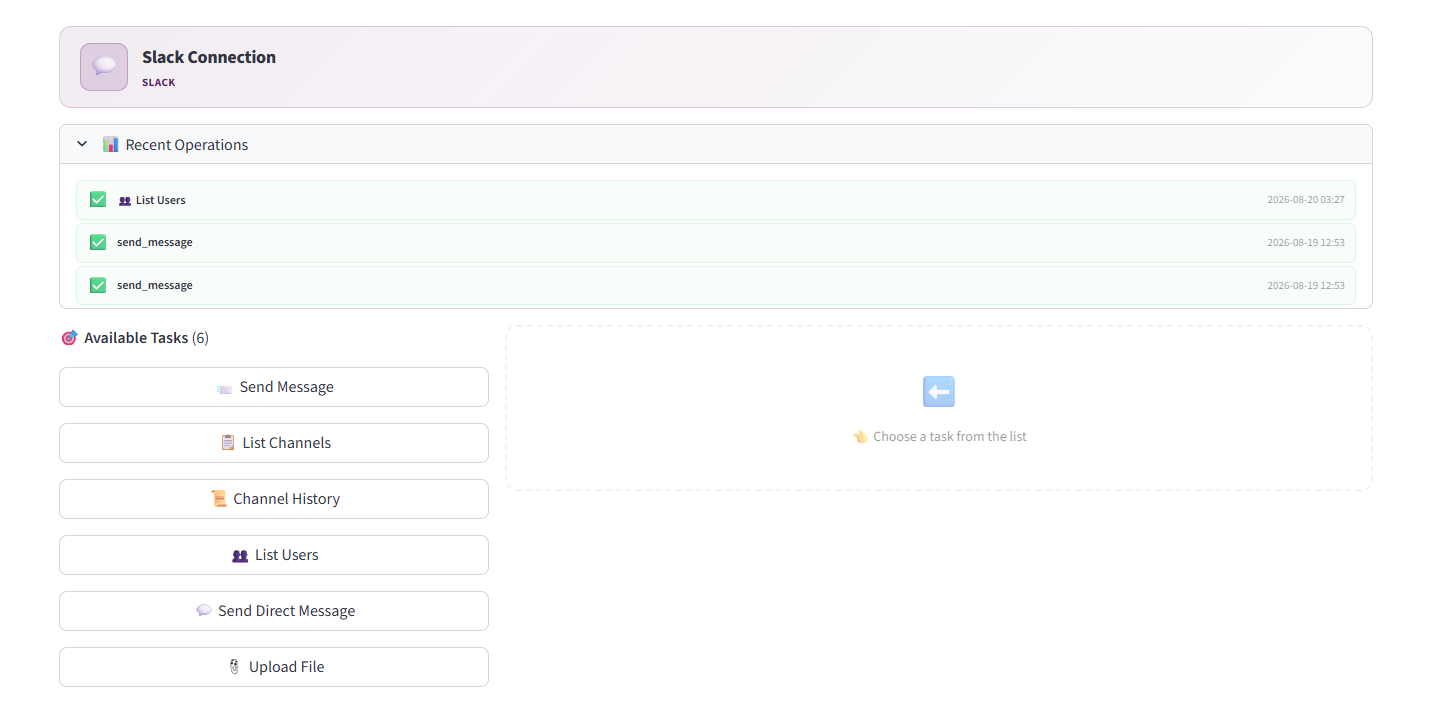 Slack connection with 6 available tasks