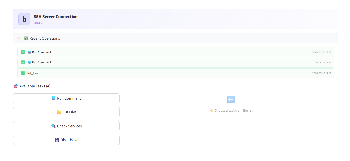 SSH Server connection with 4 available tasks
