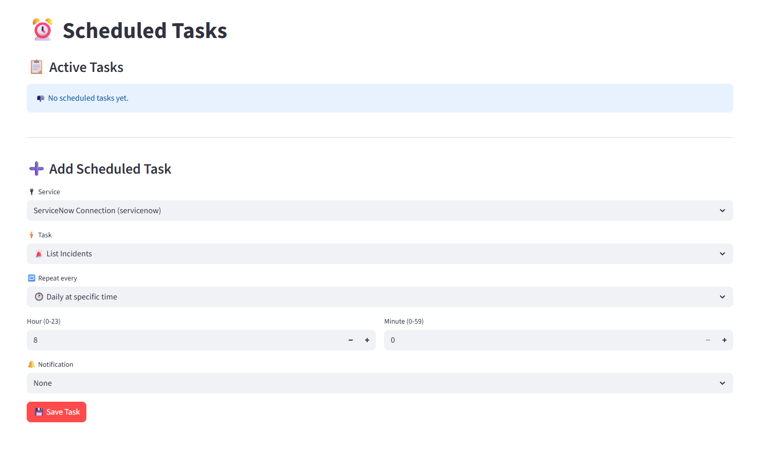 Scheduled Tasks interface with service, task, and time selectors