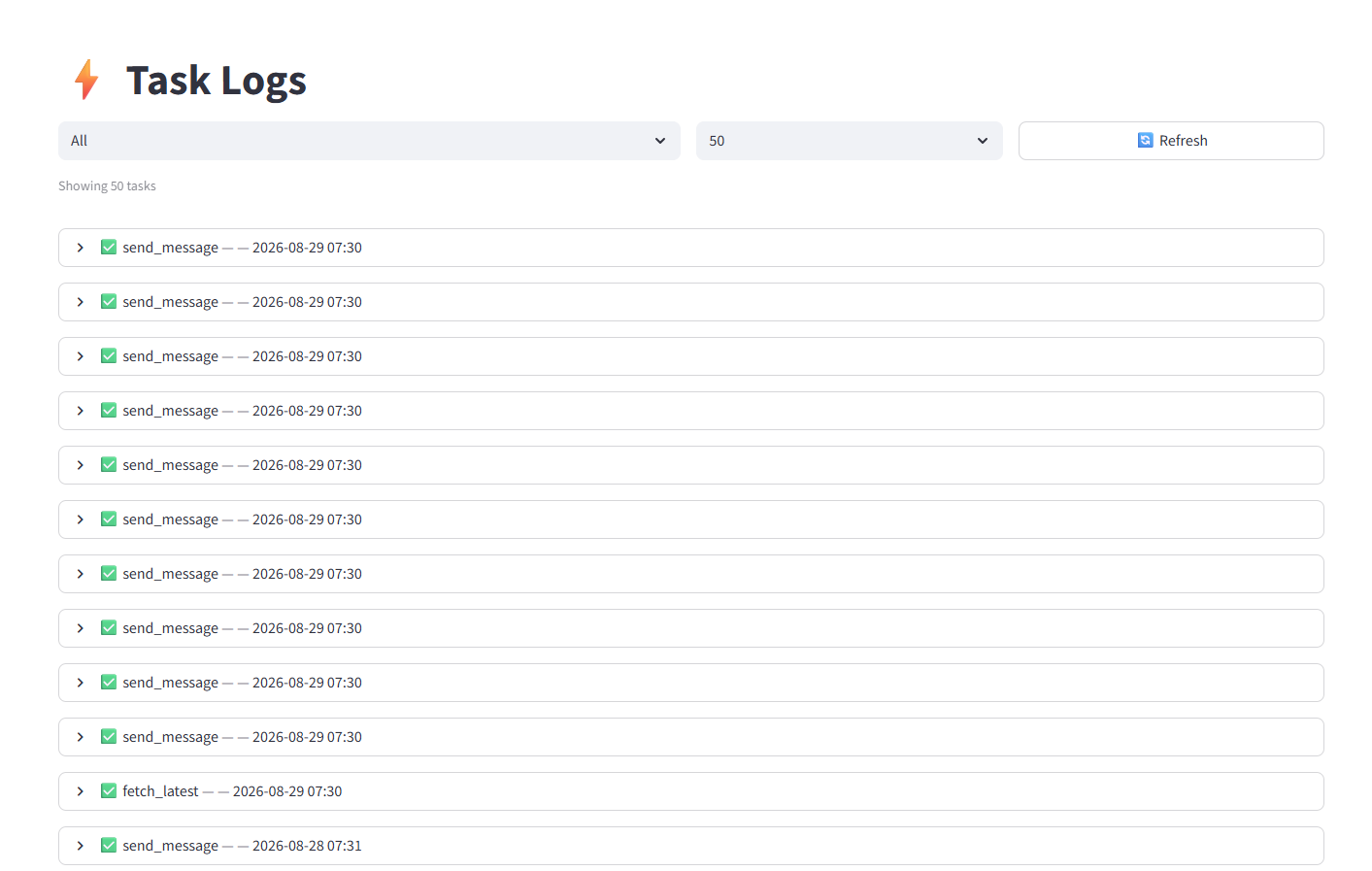 Task Logs showing recent execution history