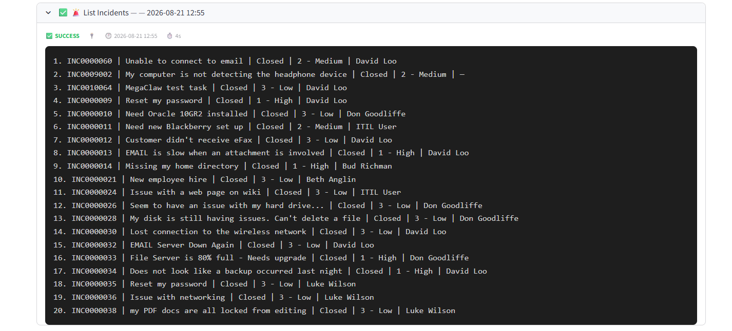 ServiceNow List Incidents result showing 20 incidents