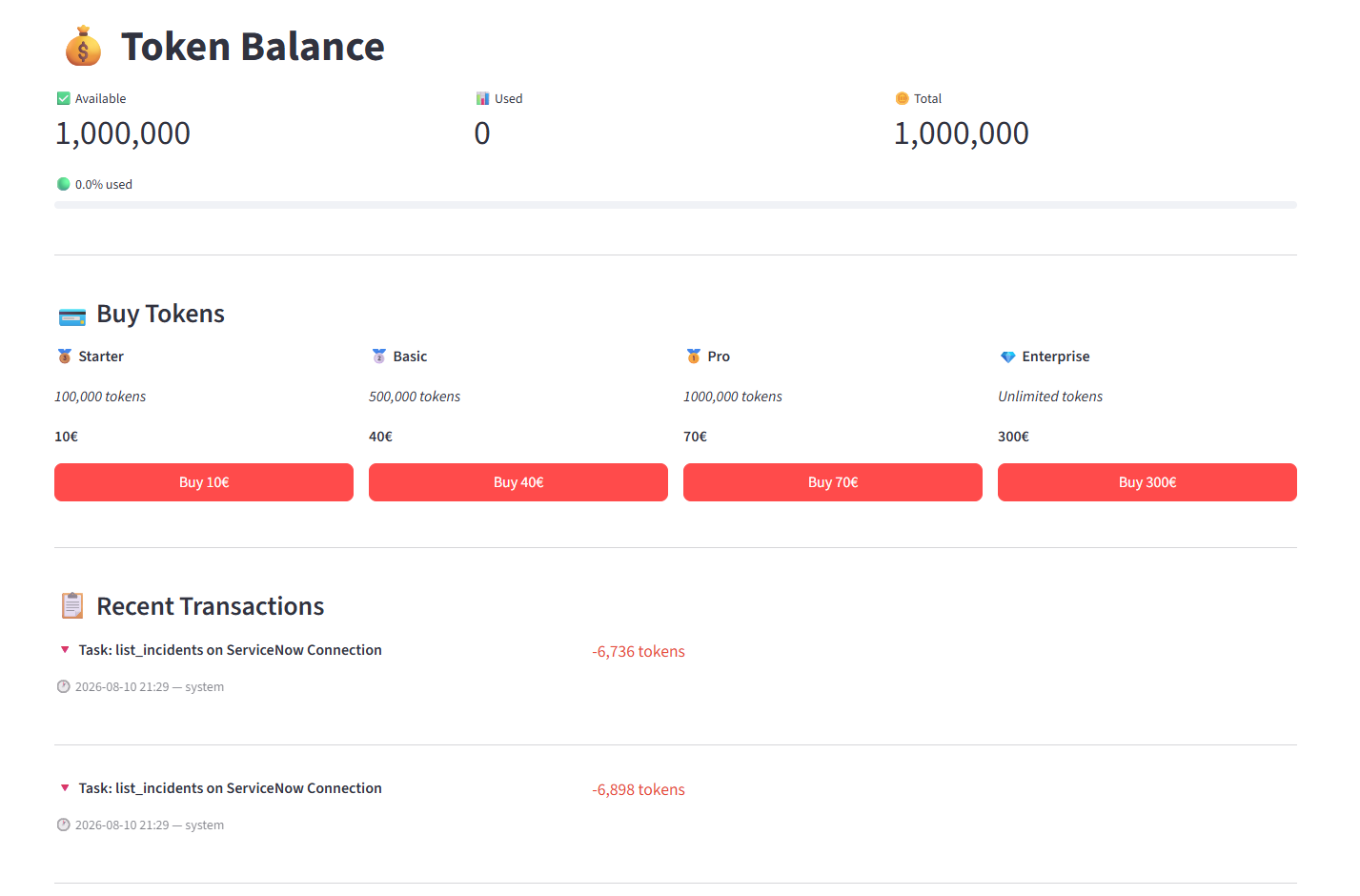 Token Balance dashboard showing available, used, and total tokens with transaction history