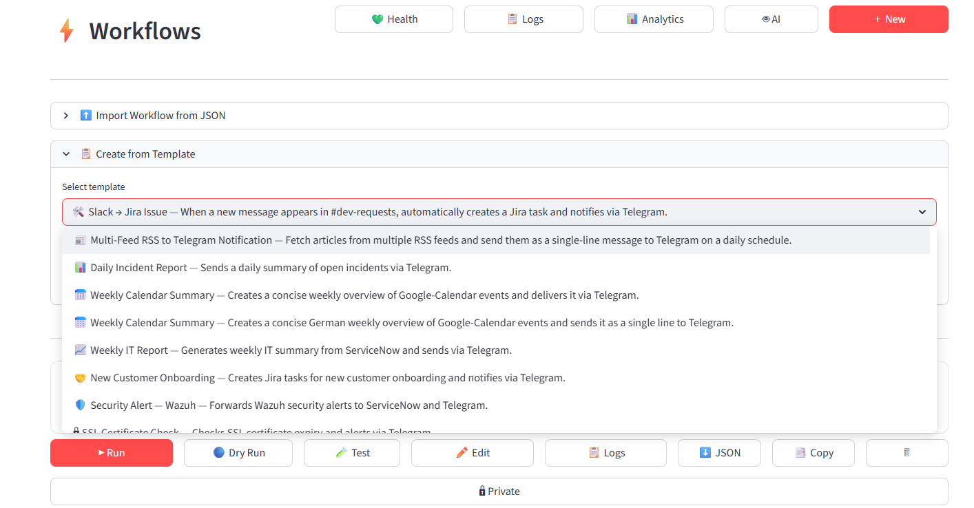 Workflow templates dropdown with pre-built automations